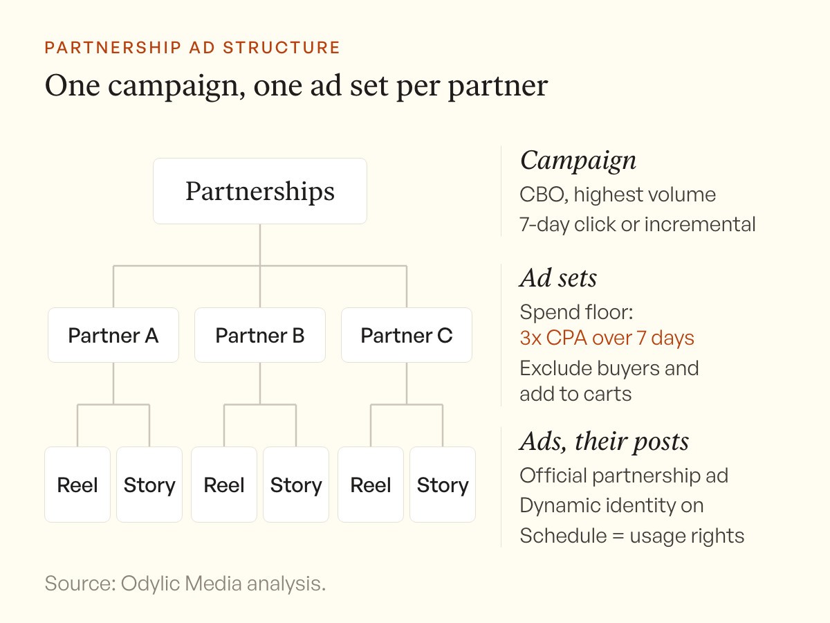 Diagram of the partnership ad setup on Meta: one CBO campaign, one ad set per creator with a minimum spend floor and purchaser exclusions, and each creator's posts as ads inside their own ad set.