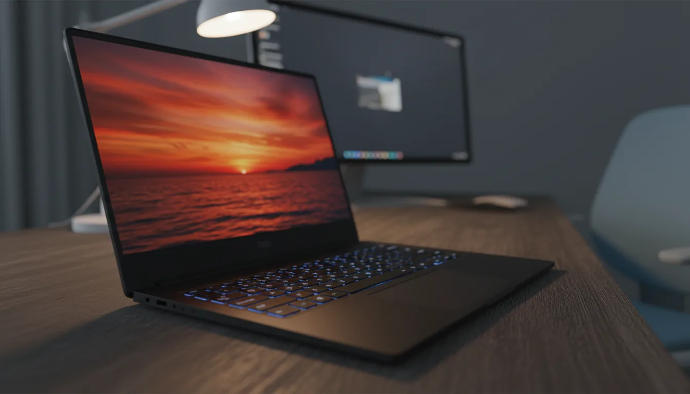 DSLR photography, dramatic low-angle shot of a sleek, matte black creator laptop sitting open on a dark wood grain desk. The laptop screen illuminates the scene with a vibrant wallpaper of a fiery orange and red sunset over water, casting a colorful reflection onto the keyboard and trackpad. The keyboard has a cool blue backlight. In the softly blurred background, a modern white desk lamp provides warm ambient light, alongside a large monitor and a light blue office chair. Sharp focus on the laptop and desk texture, with a shallow depth of field.