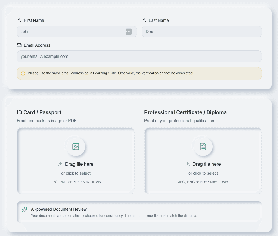 Von uns bei APEX in 3 Wochen umgesetzt: Custom Interface mit KI-Anbindung zur automatisierten Verifizierung von Identitäts- und Qualifikationsdokumenten.