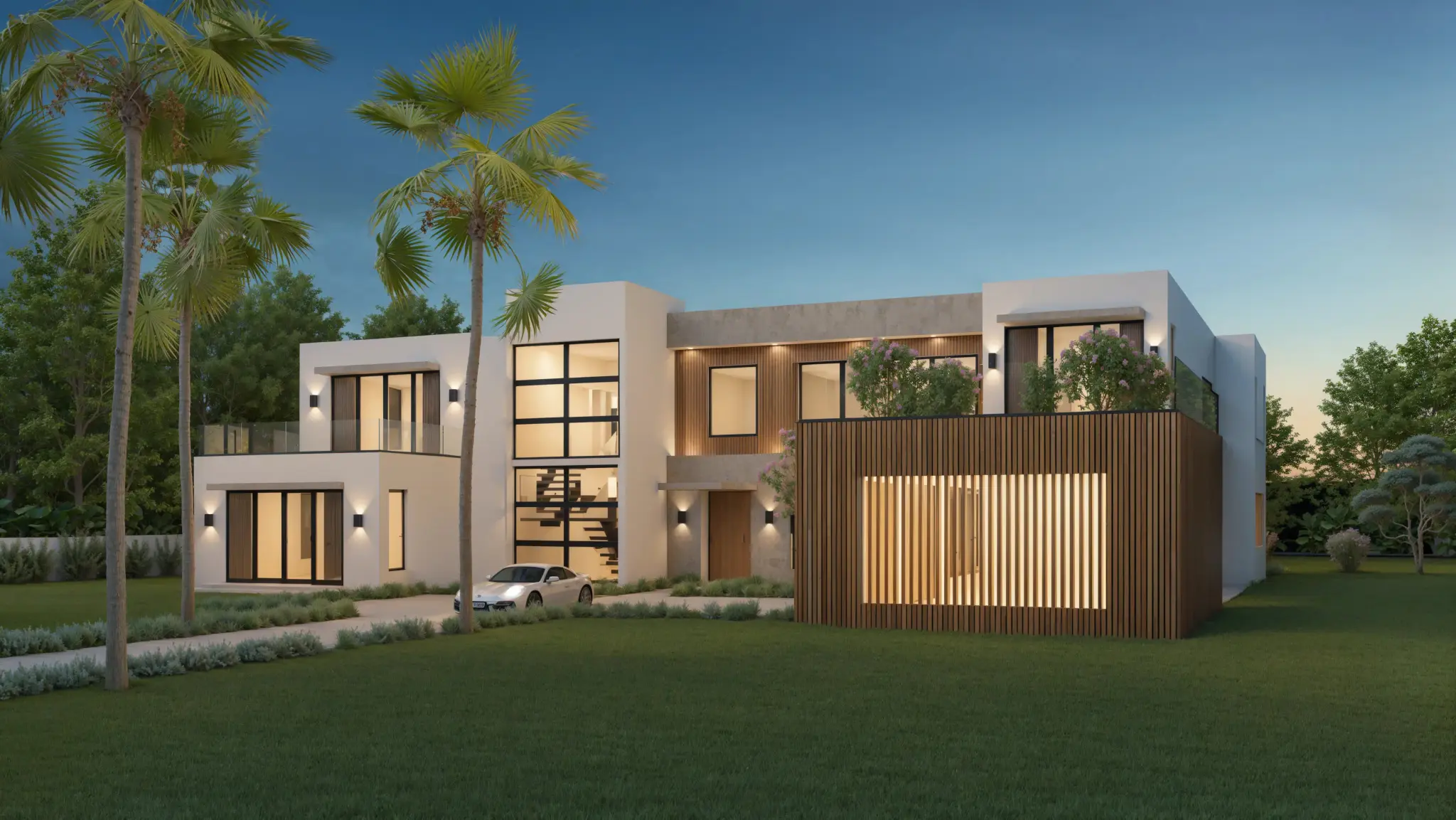 Dusk rendering of a modern Miami home with white stucco, wood-slat accents, a double-height glass stairwell, and palm trees