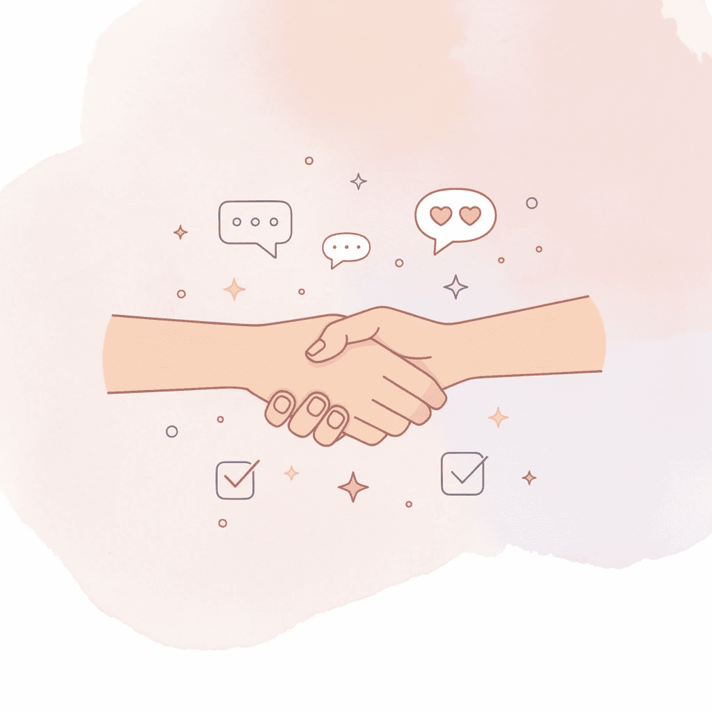 Hands connecting with floating symbols representing faith and daily life
