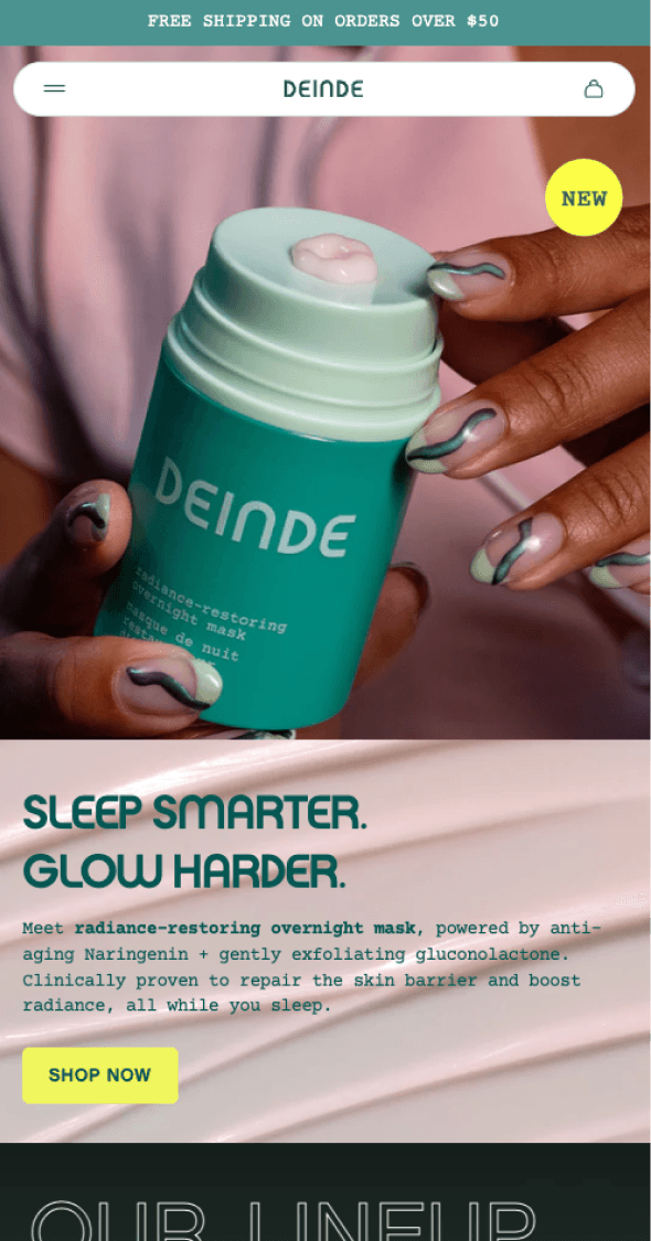 Mobile homepage hero highlighting Deinde skincare product