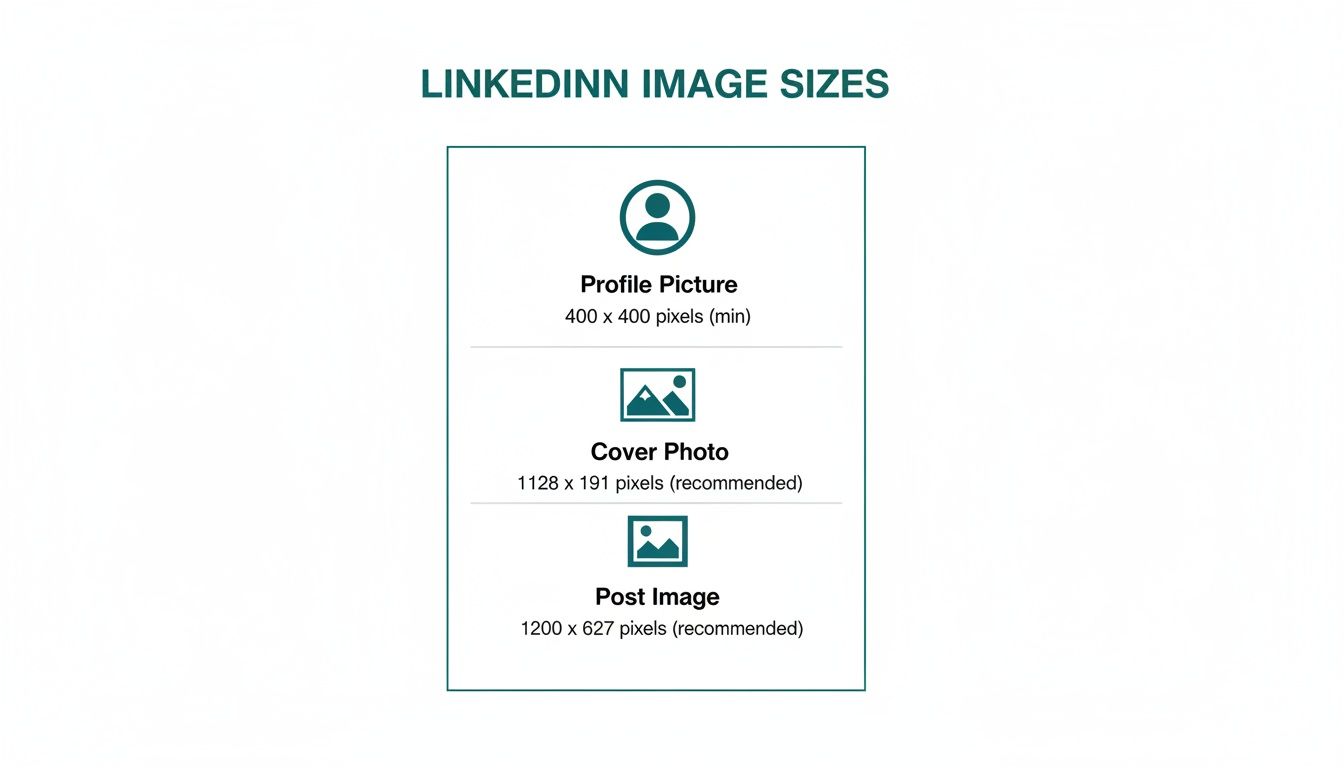 A visual guide detailing recommended and minimum image sizes for LinkedIn profile pictures, cover photos, and posts.