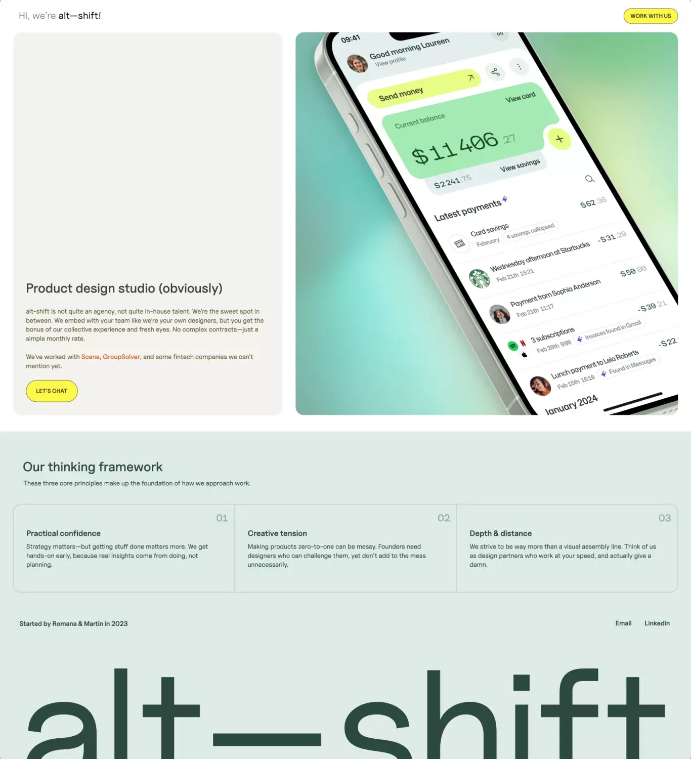Product design studio that feels like in portfolio page screenshot showcasing Design design