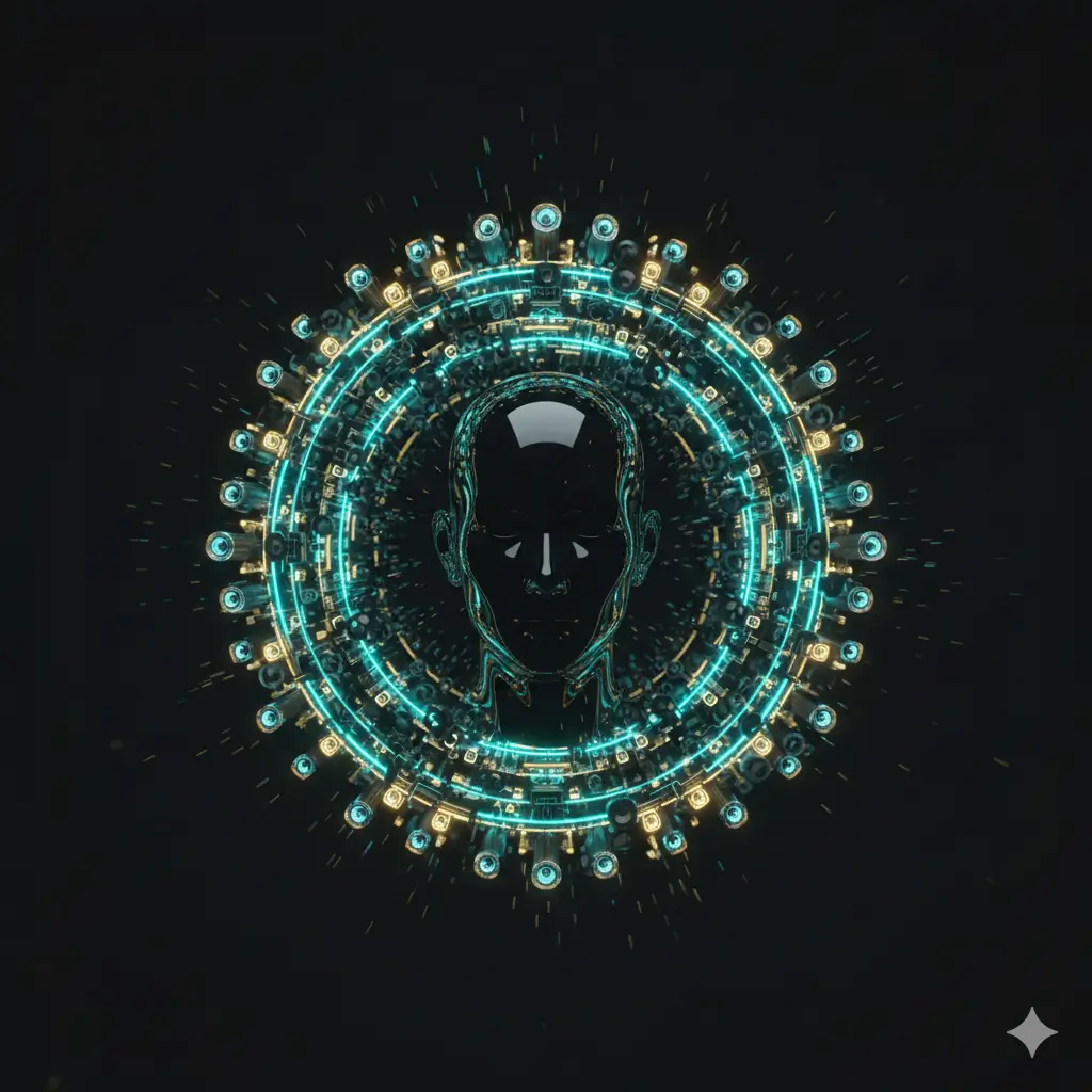 Glowing teal and gold circuit ring forming a digital halo around a dark, stylized human head silhouette, evoking AI and futuristic technology.
