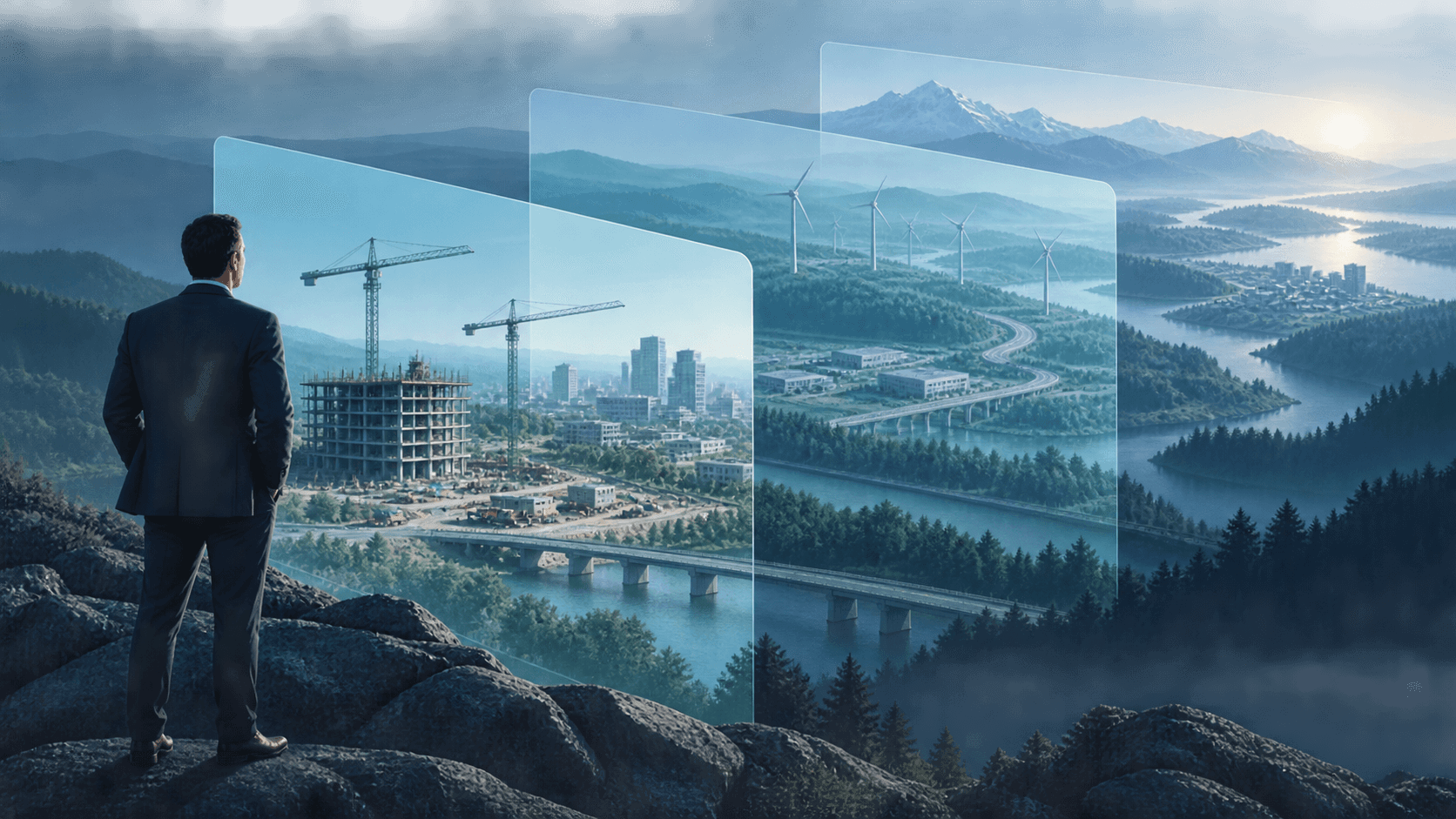 Editorial illustration connecting client context, expert judgment, deliverables, and credible case-study proof.