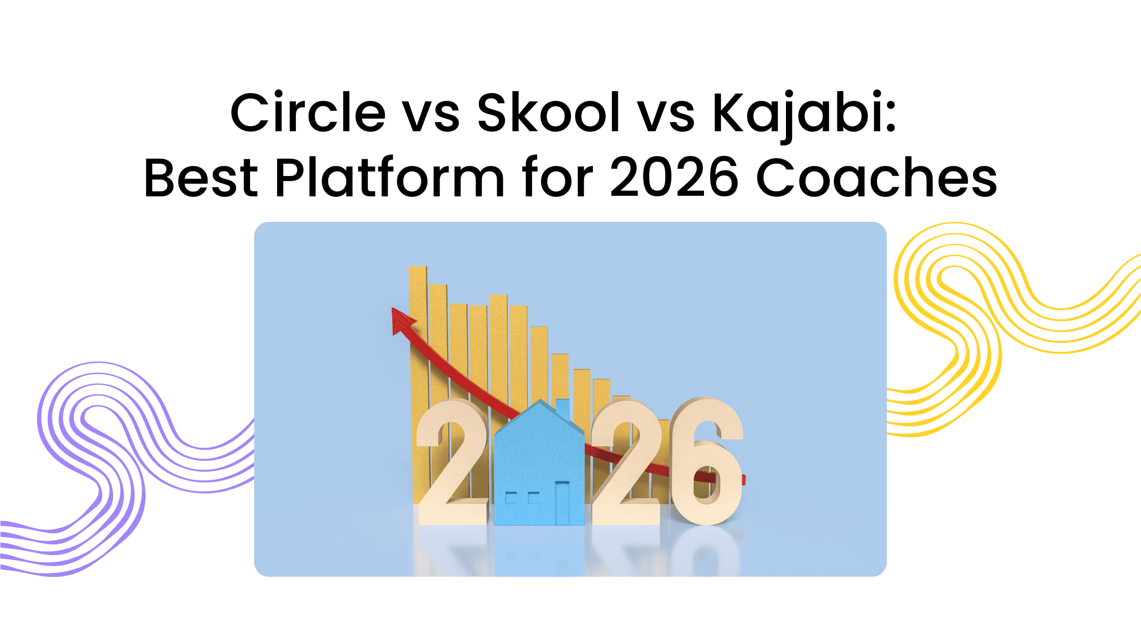 3D 2026 graphic illustrating a comparison of Circle, Skool, and Kajabi for coaching businesses and communities