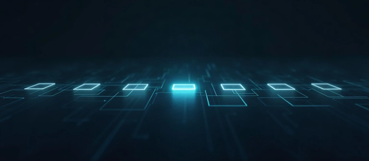 A row of square panels connected by thin circuit lines with one panel glowing bright teal like a checkpoint, illustrated in Japanese minimalist ink style with teal and blue on a black background, representing the stages of an AI SDR workflow.