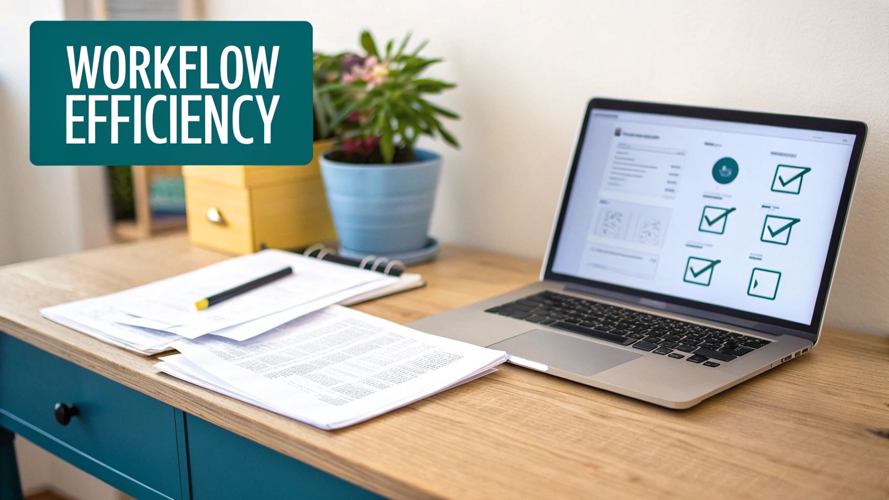 A desk with a laptop displaying a checklist interface, documents, and a plant, with 'WORKFLOW EFFICIENCY' text.