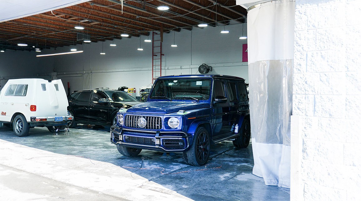 Mercedes-Benz G-Class inside Auto Body Unlimited’s shop during collision repair service.