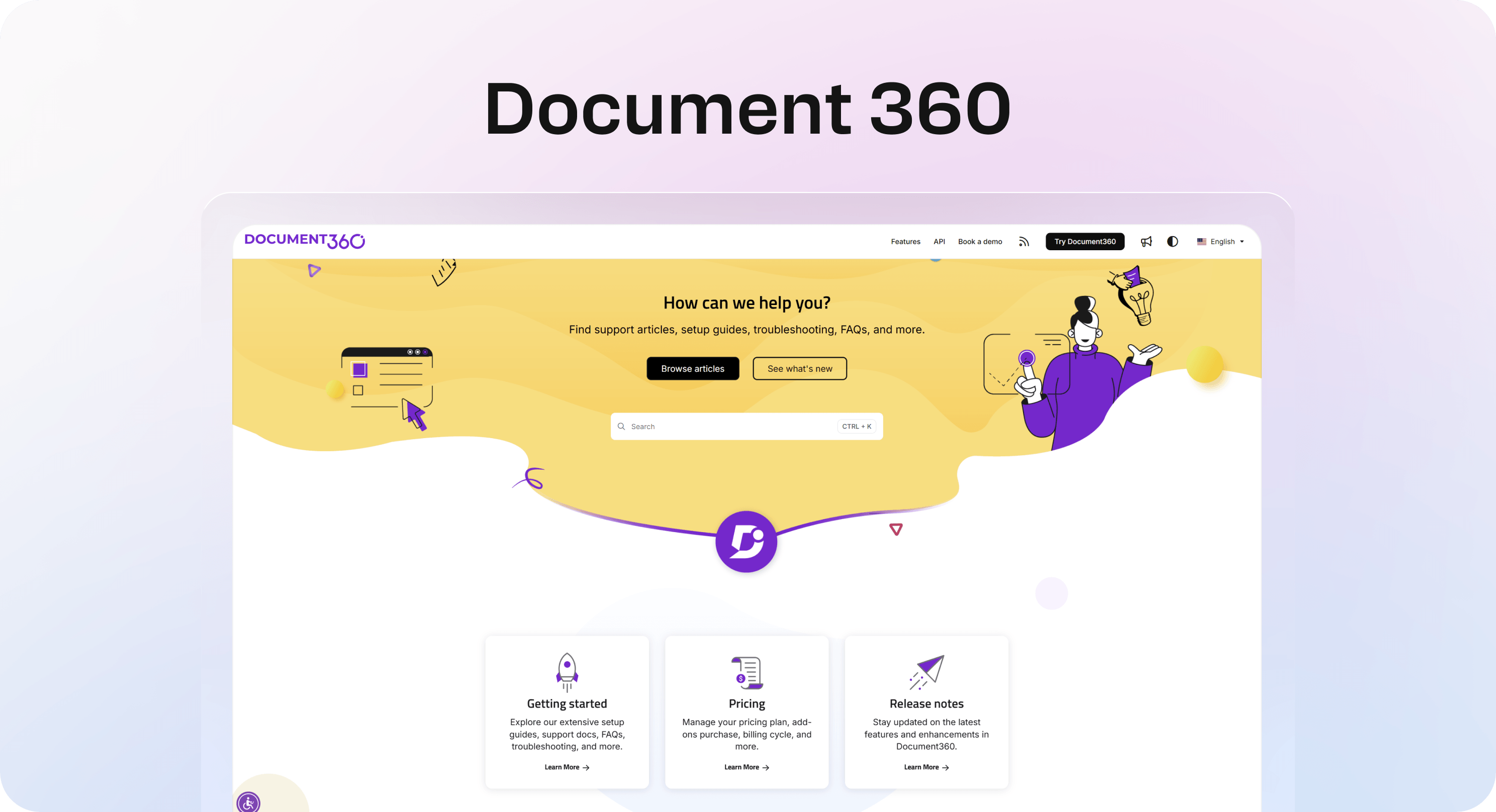 Document360 help center homepage example