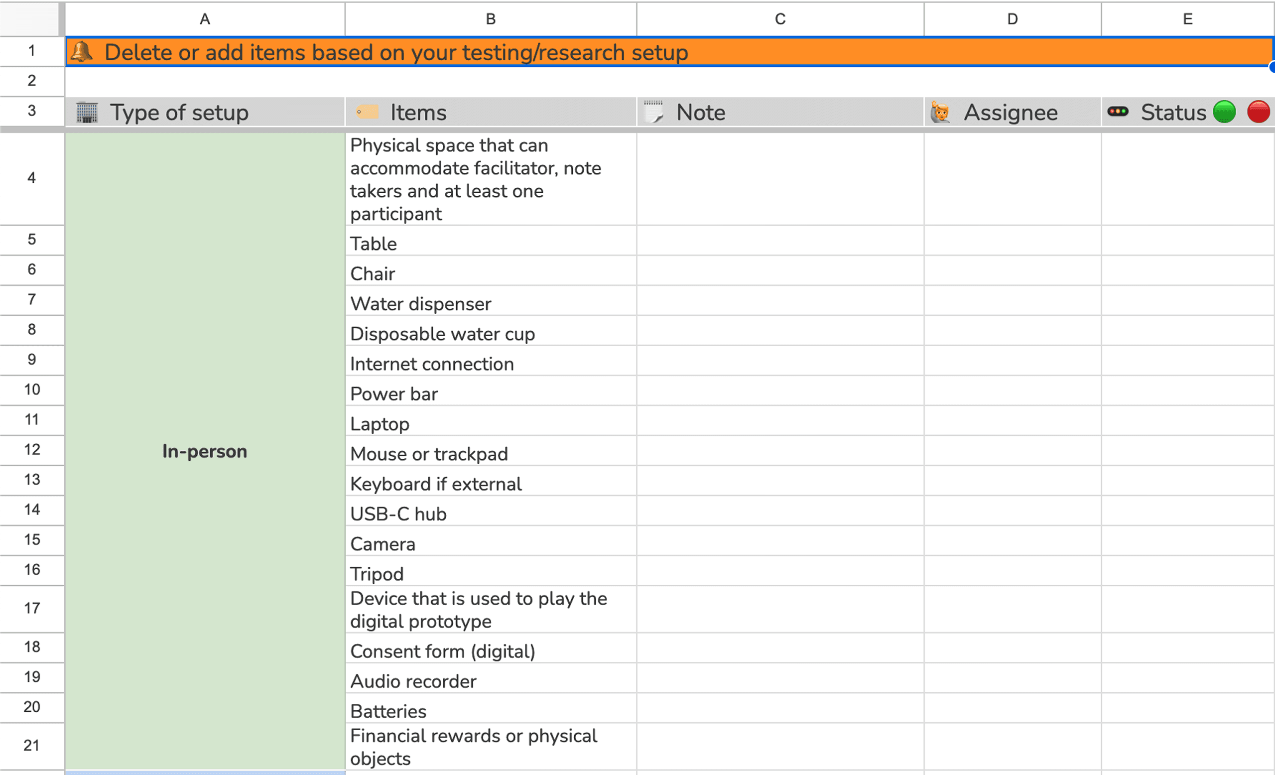 A logistics checklist template for in-person and remote research, listing setup items such as space requirements, equipment, recording tools, consent forms, and assigned owners with status tracking.