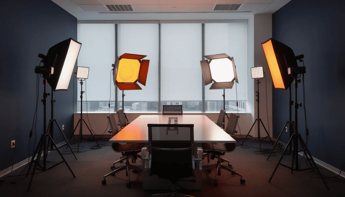 L'image représente un équipement d'éclairage LED professionnel et des softboxes disposés avec soin dans une salle de réunion moderne. Les couleurs dominantes, un bleu profond et un orange vif, créent une atmosphère propice à la créativité et à l'engagement pour des projets de communication et de captation de vidéos.