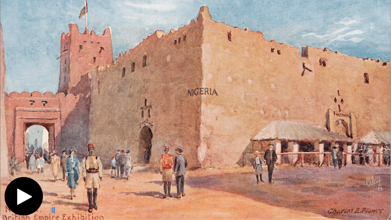 a postcard of a painting of the outside of the Nigerian pavilion at the British Empire Exhibition