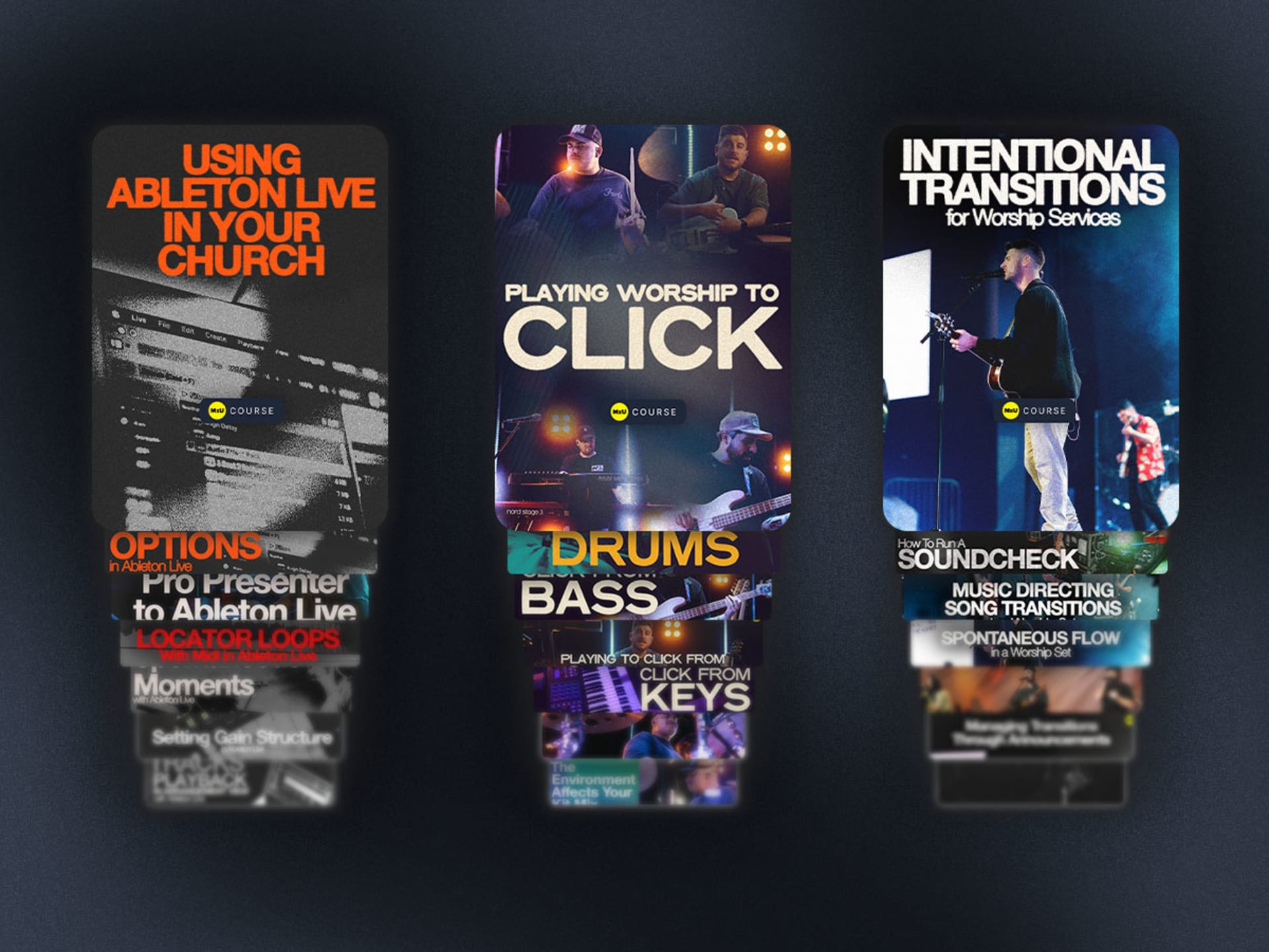 Worship team members singing and playing instruments during a church service