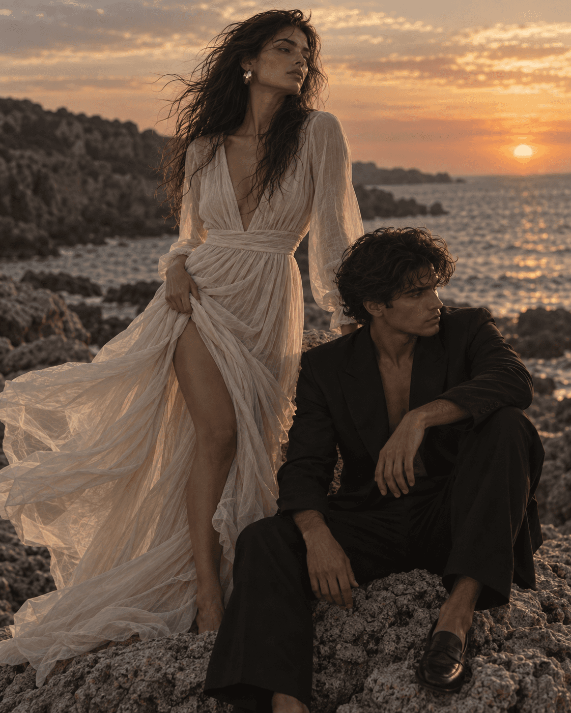Woman in a flowing cream dress standing beside a seated man on a rocky coast at sunset.