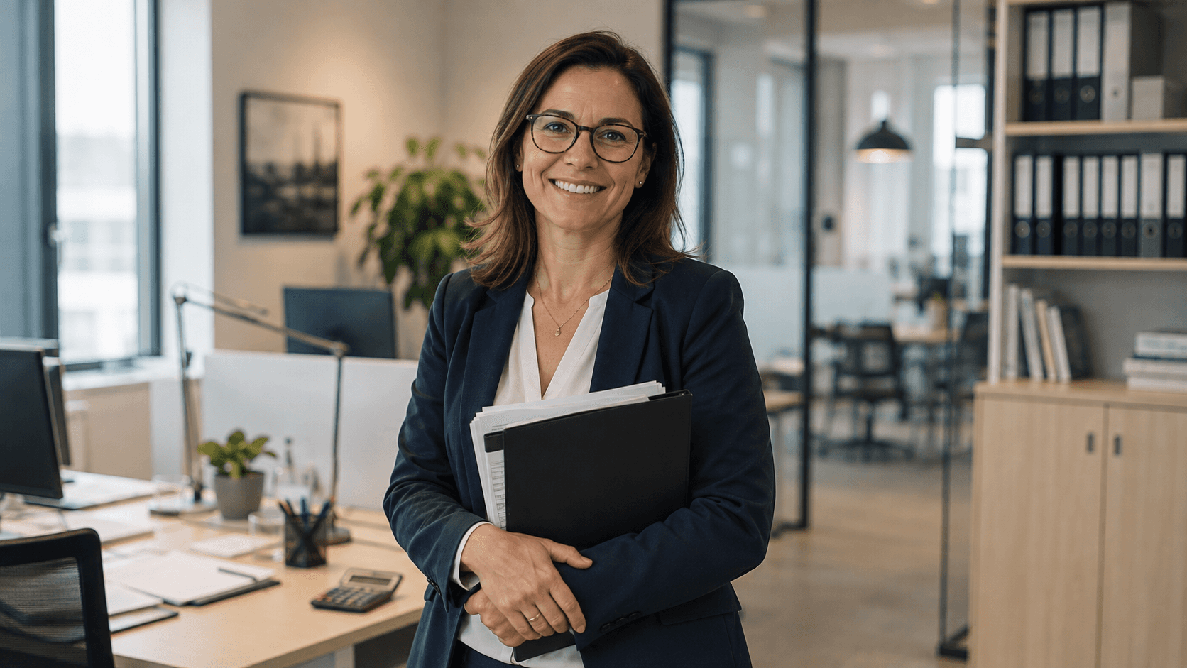 Professionel kvinde med briller i business-outfit holder mappe og smiler på modernt kontor med skrivebord og plantager.