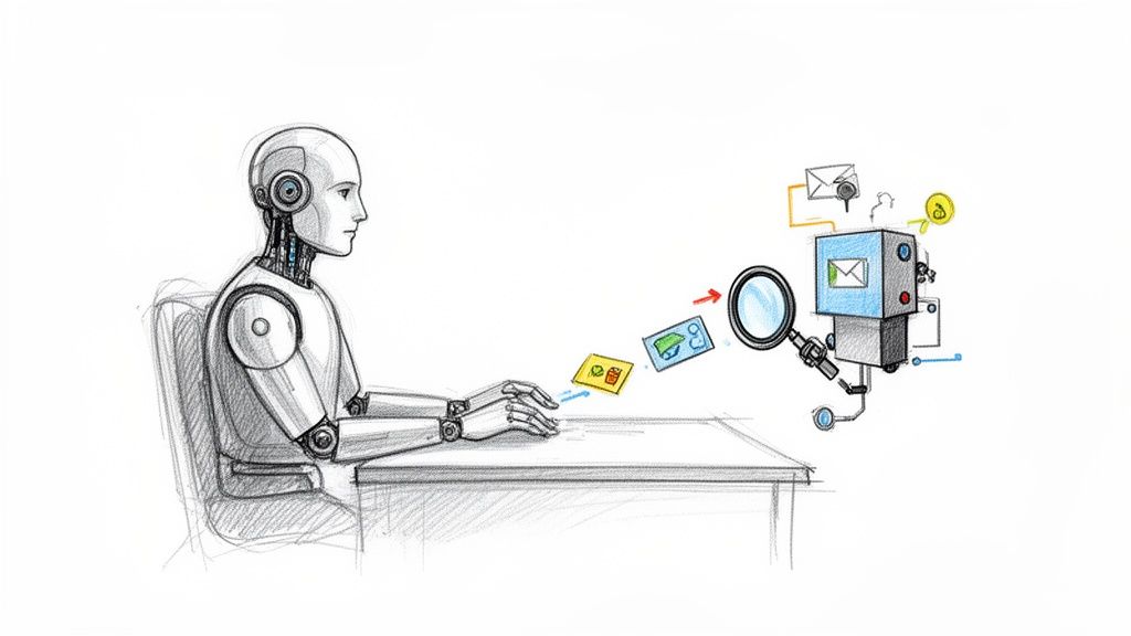 An AI robot performing data input and analysis with a complex data processing system.