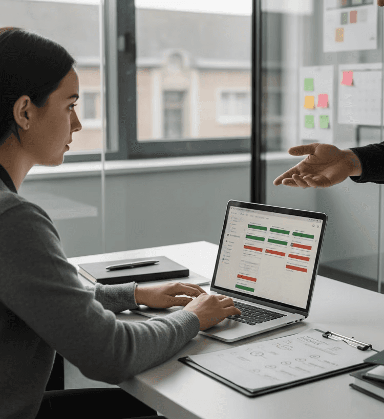 Portrait of a woman with straight long hair, in a dark t-shirt, set against a neutral backdrop.