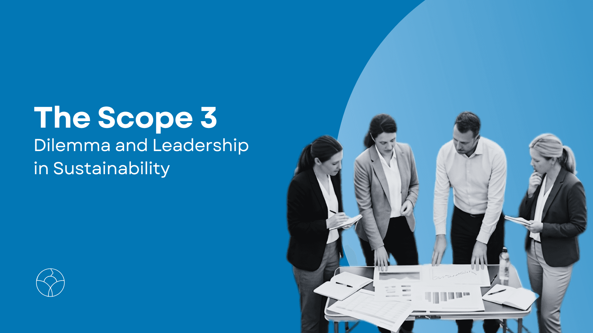 A four-person business team reviewing data charts and reports at a table against a blue background. On the left side of the image, the title "The Scope 3 Dilemma and Leadership in Sustainability" appears, and the Life Climate logo is located in the lower-left corner.