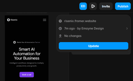 Framer website publish and update dashboard