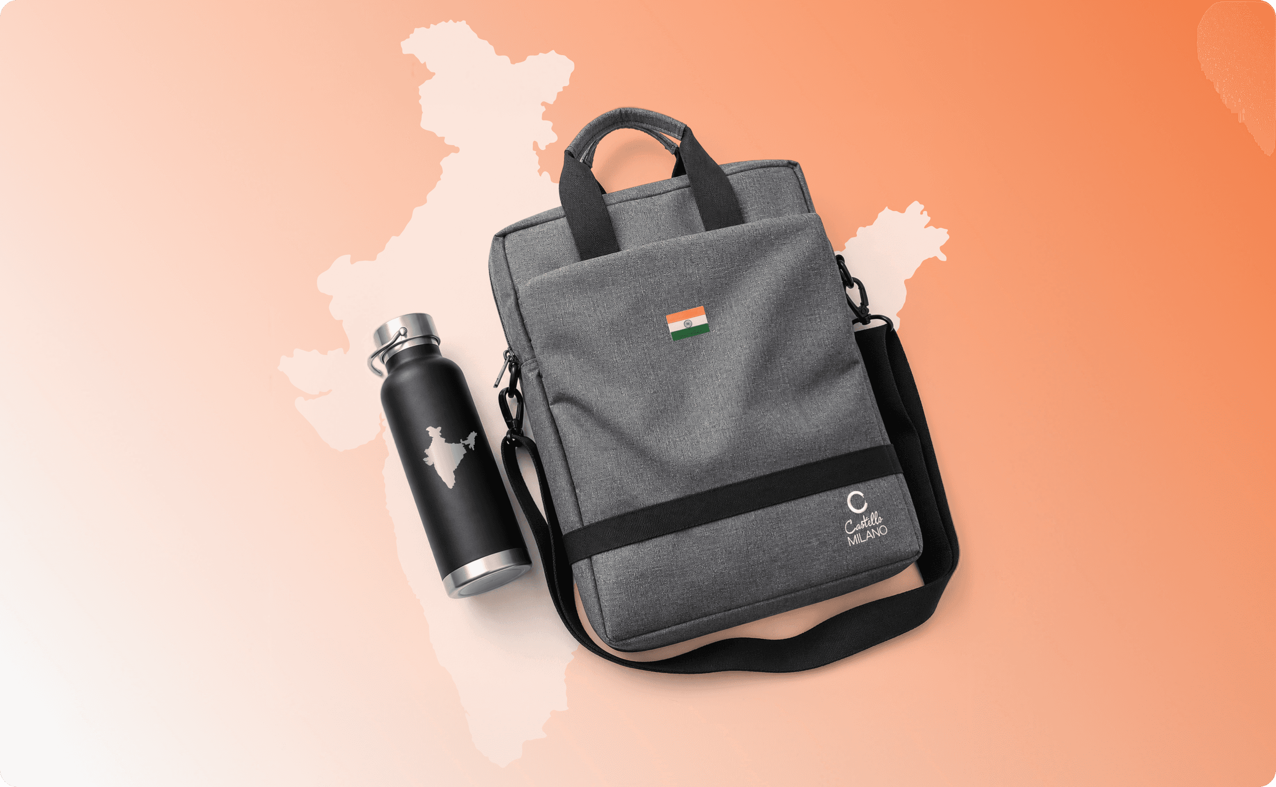 A backpack and a tumbler on top of a silhouette of India.