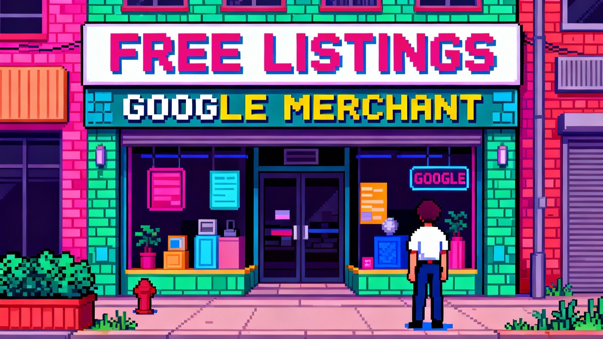 a surreal and vibrant cinematic photo of, Turn this photo into 8-bit retro video game style image. Maintain the exact text FREE LISTINGS and signage of the storefront, as well as GOOGLE MERCHANT