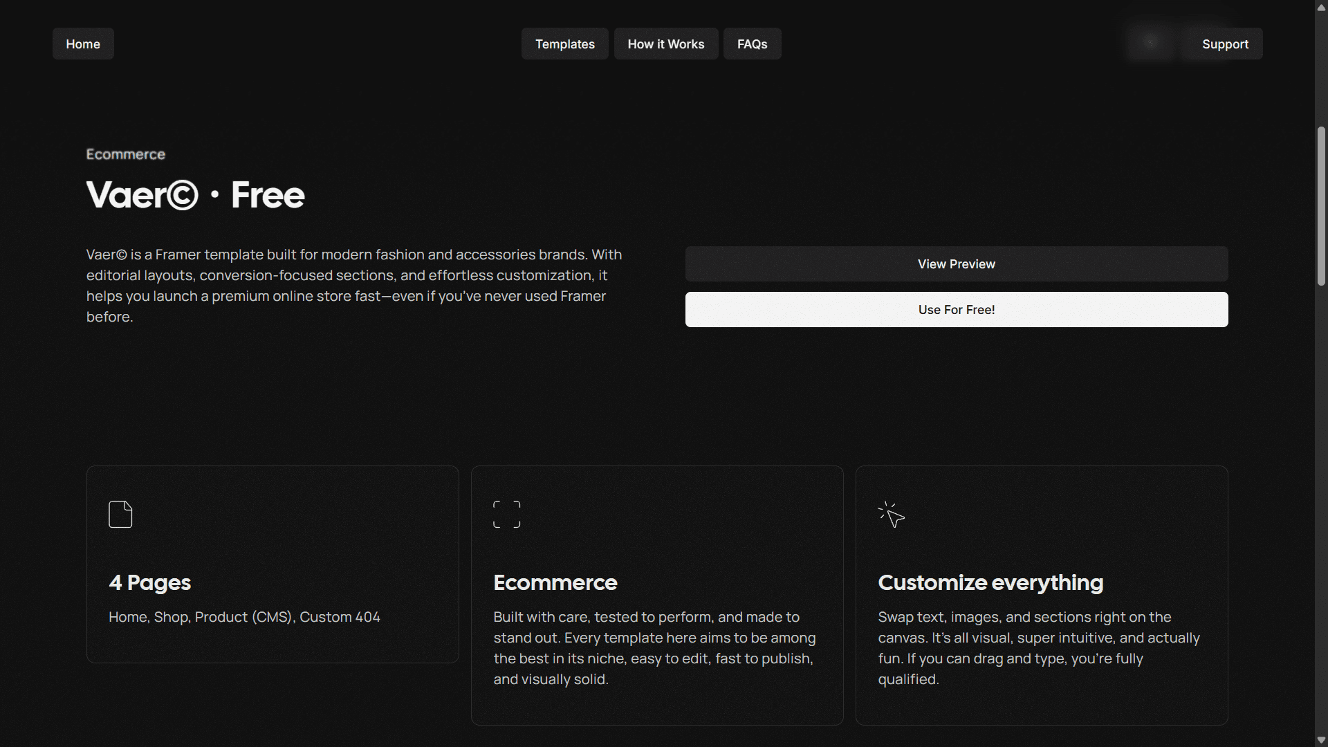 “Vaer – Free” product detail page. It includes wide buttons for “View Preview” and “Use For Free!”, followed by three cards detailing: 4 included pages, Ecommerce functionality, and full customization.