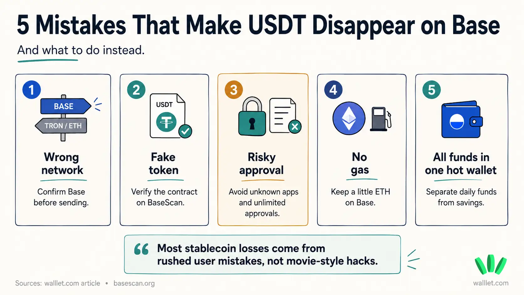 Infographic showing five common mistakes that can make USDT disappear on Base, including wrong network, fake token, risky approval, no gas, and keeping all funds in one hot wallet.