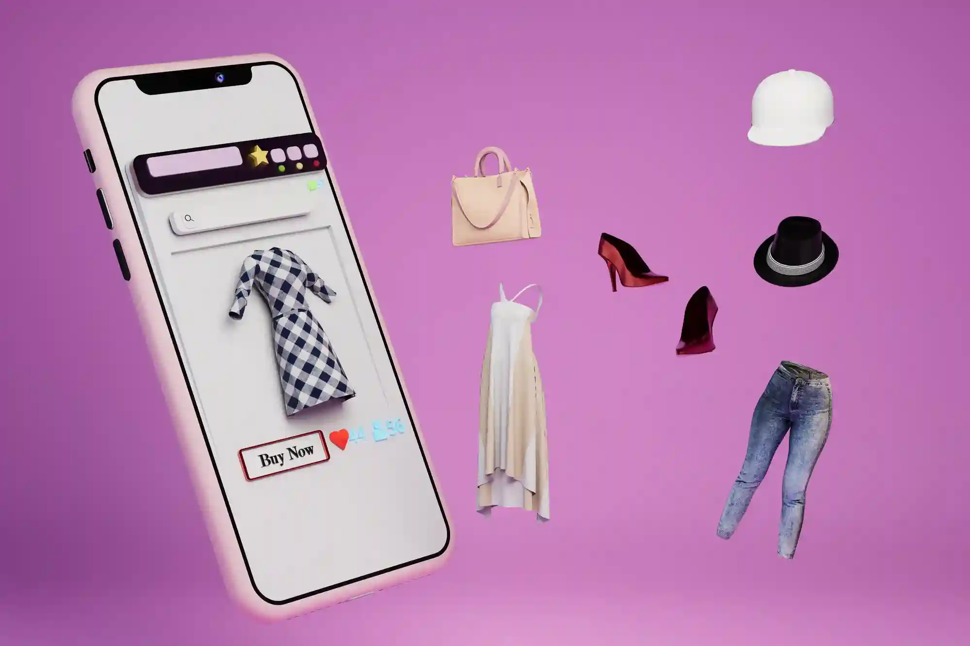 Mobile phone shopping for clothes and accessories on a pink background.