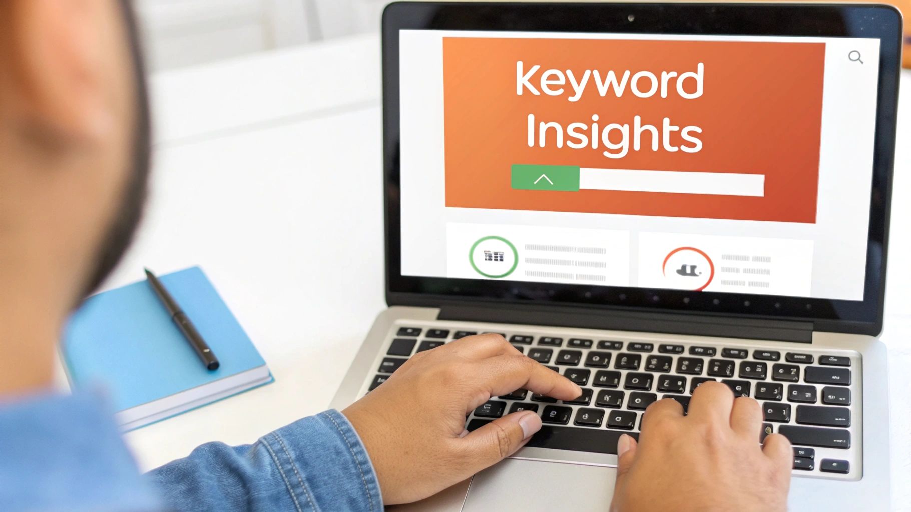 Person typing on a laptop, analyzing 'Keyword Insights' on screen with a notebook and pen nearby.