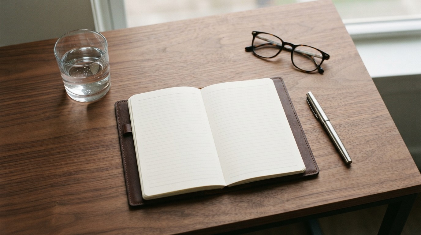 Open notebook on a clean minimalist office desk