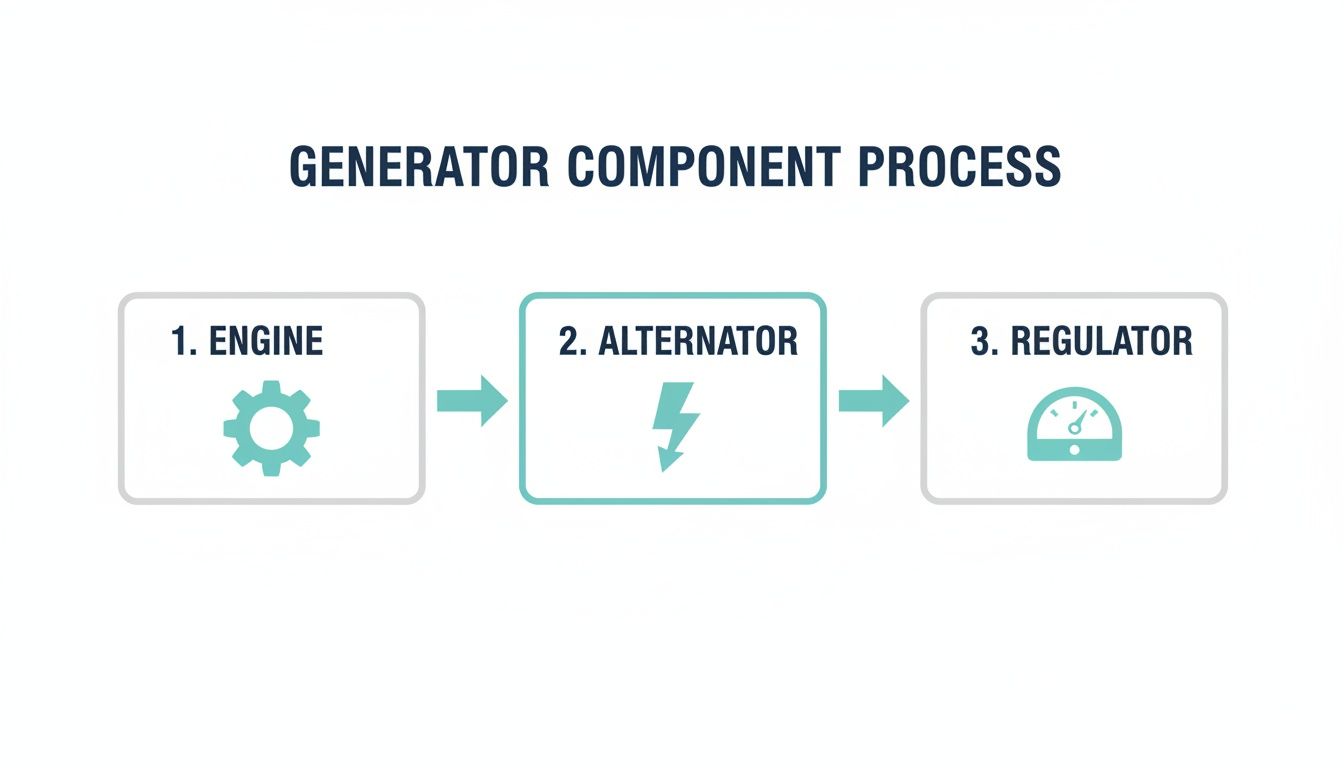 Flowchart illustrating the three-step generator component process: engine, alternator, and regulator.