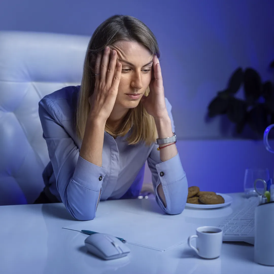 Empreendedora com os cotovelos na mesa e mãs na cabeça, com expressão de desapontamento e falta de norte por não ter dados precisos para criar campanhas.