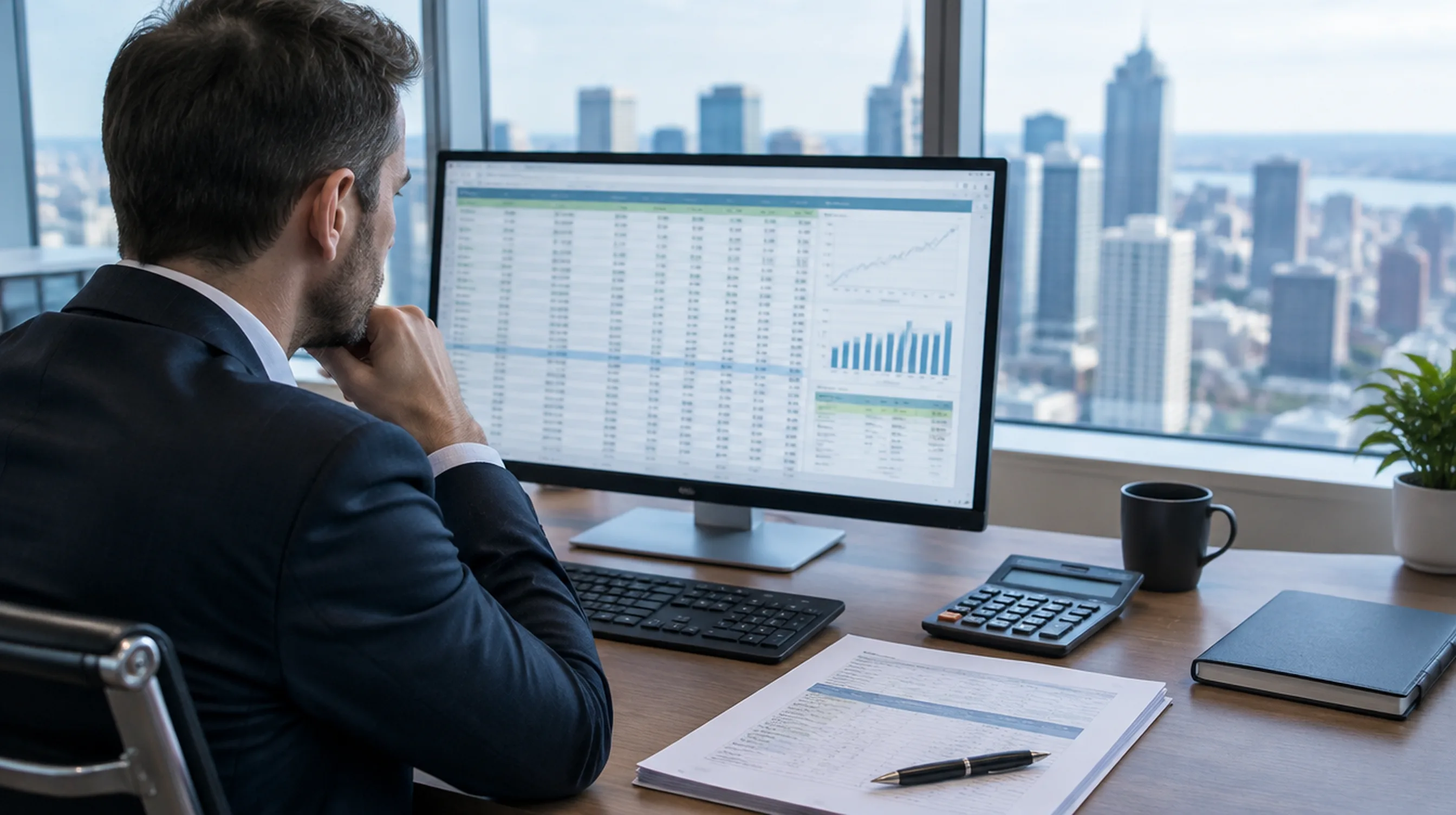 Finance professional reviewing a tax credit pricing spreadsheet with a calculator and term sheet