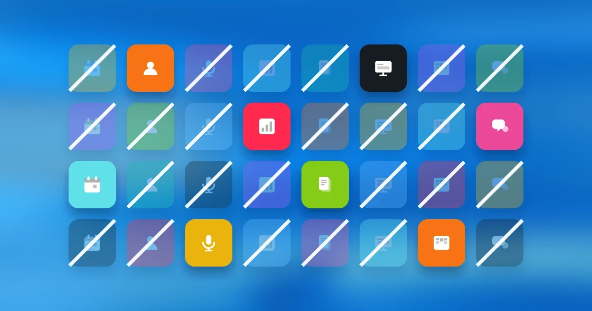 A grid of 32 colored app-icon tiles on a Supernormal-blue background, arranged in eight columns by software category — calendar, CRM, meeting notetaker, analytics, documents, slides, project management, and chat. In each column, three of the four competing apps are faded and crossed out, leaving a single survivor — a visual of an agency's SaaS stack consolidating down to one tool per category.