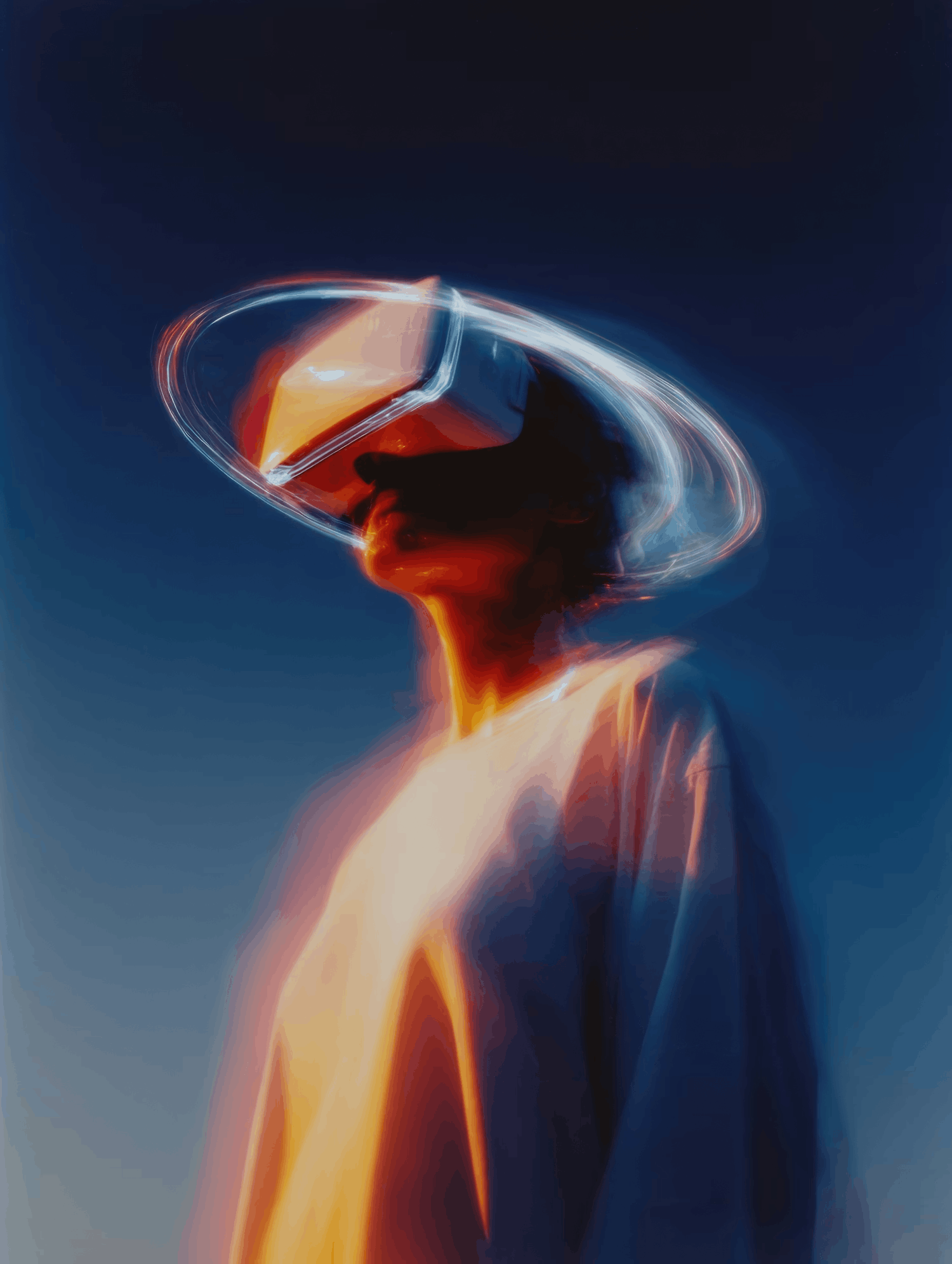 Person wearing futuristic visor with glowing light trails representing future focused technology