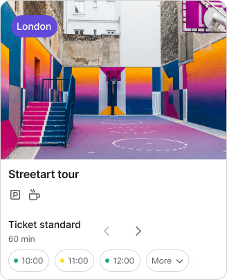 Booking view via the booking system of anny for a street art tour. The tour lasts 60 minutes and is available at various times.