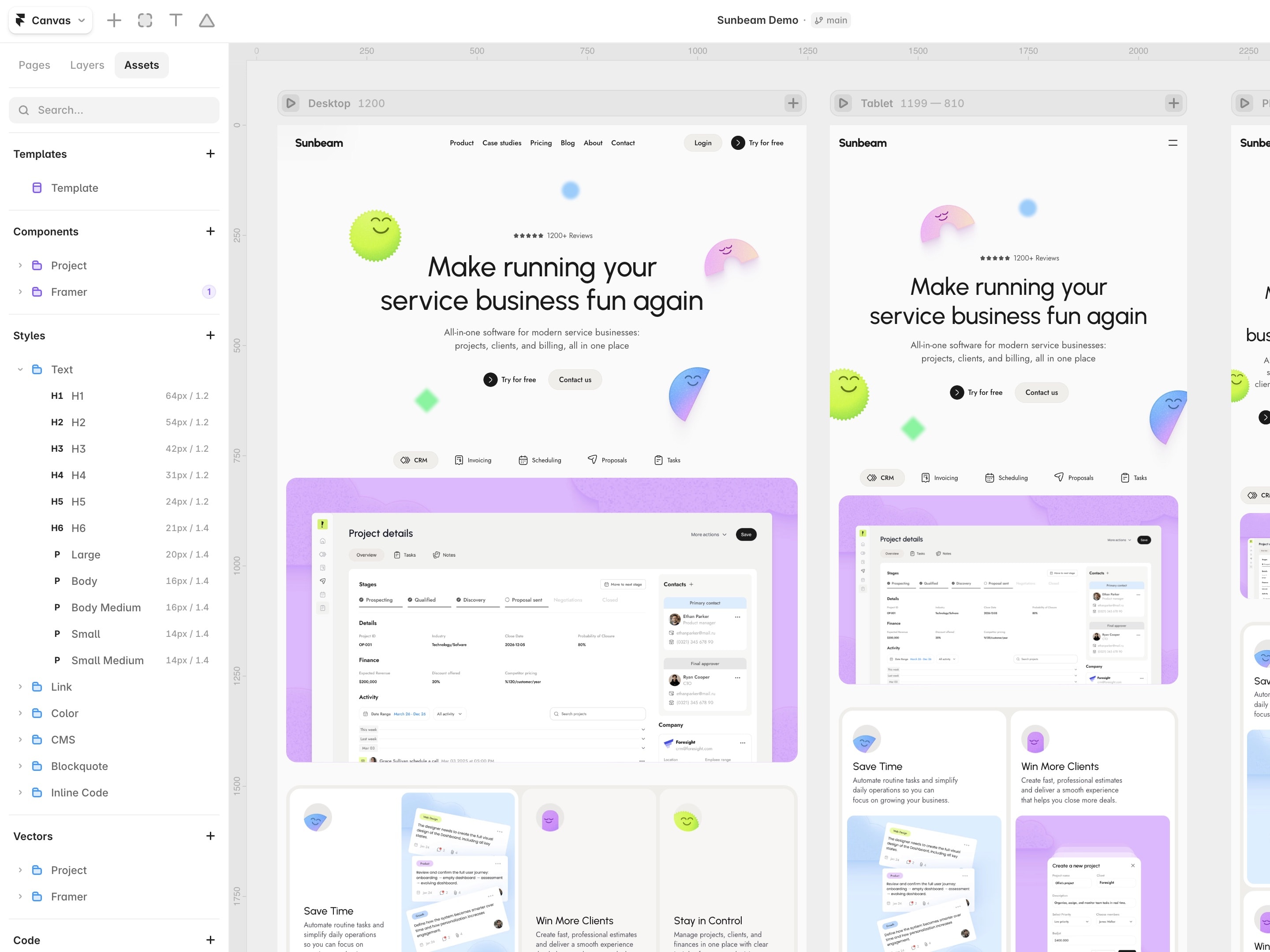 Sunbeam’s reusable Text styles from H1 to small labels in the Framer Assets panel