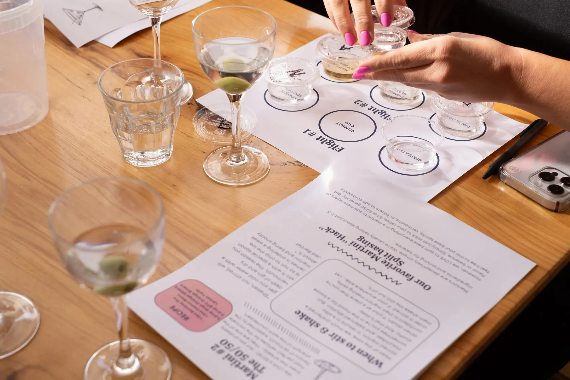 Spirit tasting sheets and martinis during a Law Bird cocktail class