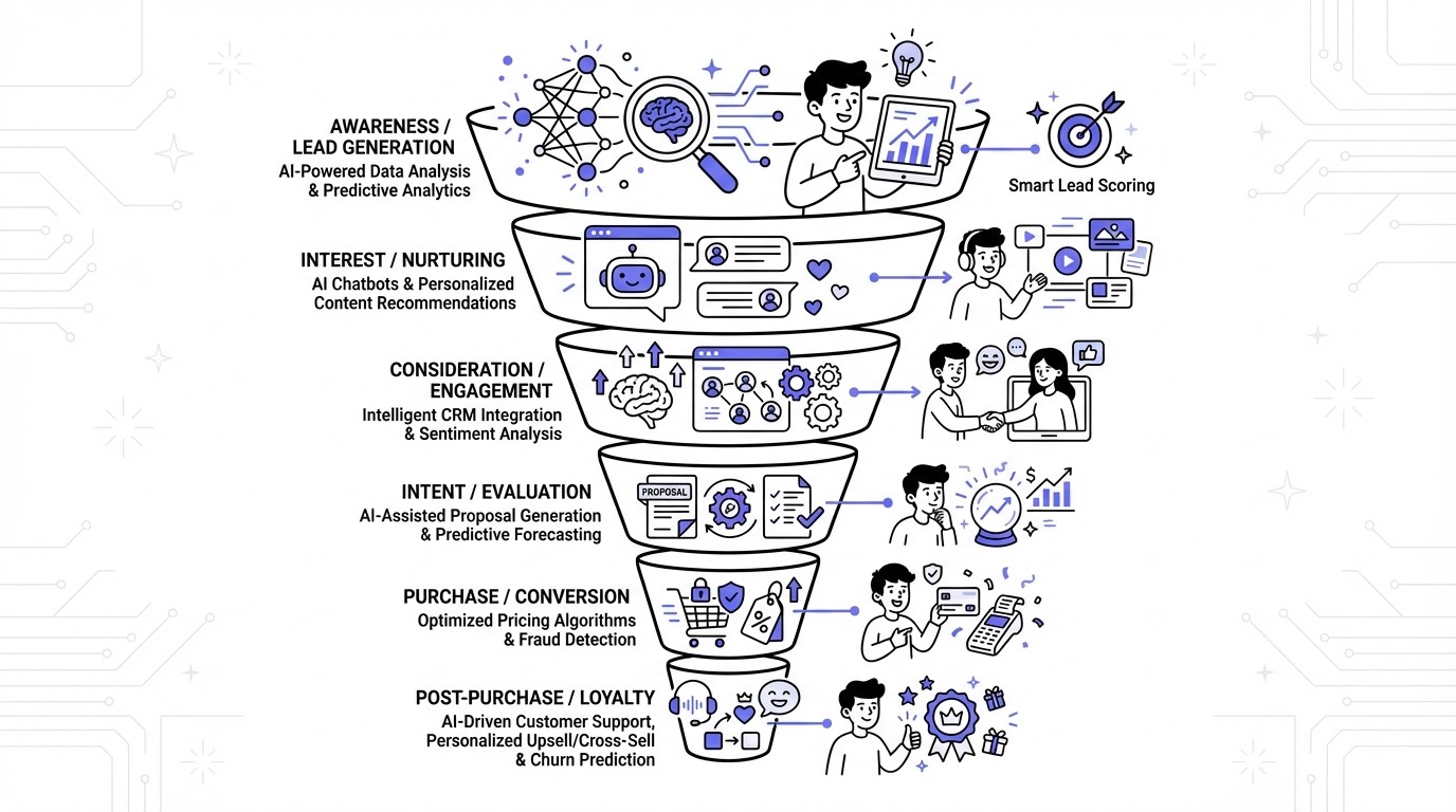An infographic showcasing a multi-stage sales funnel, where each section is enhanced by Artificial Intelligence. It illustrates AI's role in lead generation, customer nurturing, engagement, conversion, and post-purchase loyalty with tech icons and data flow visualizations.