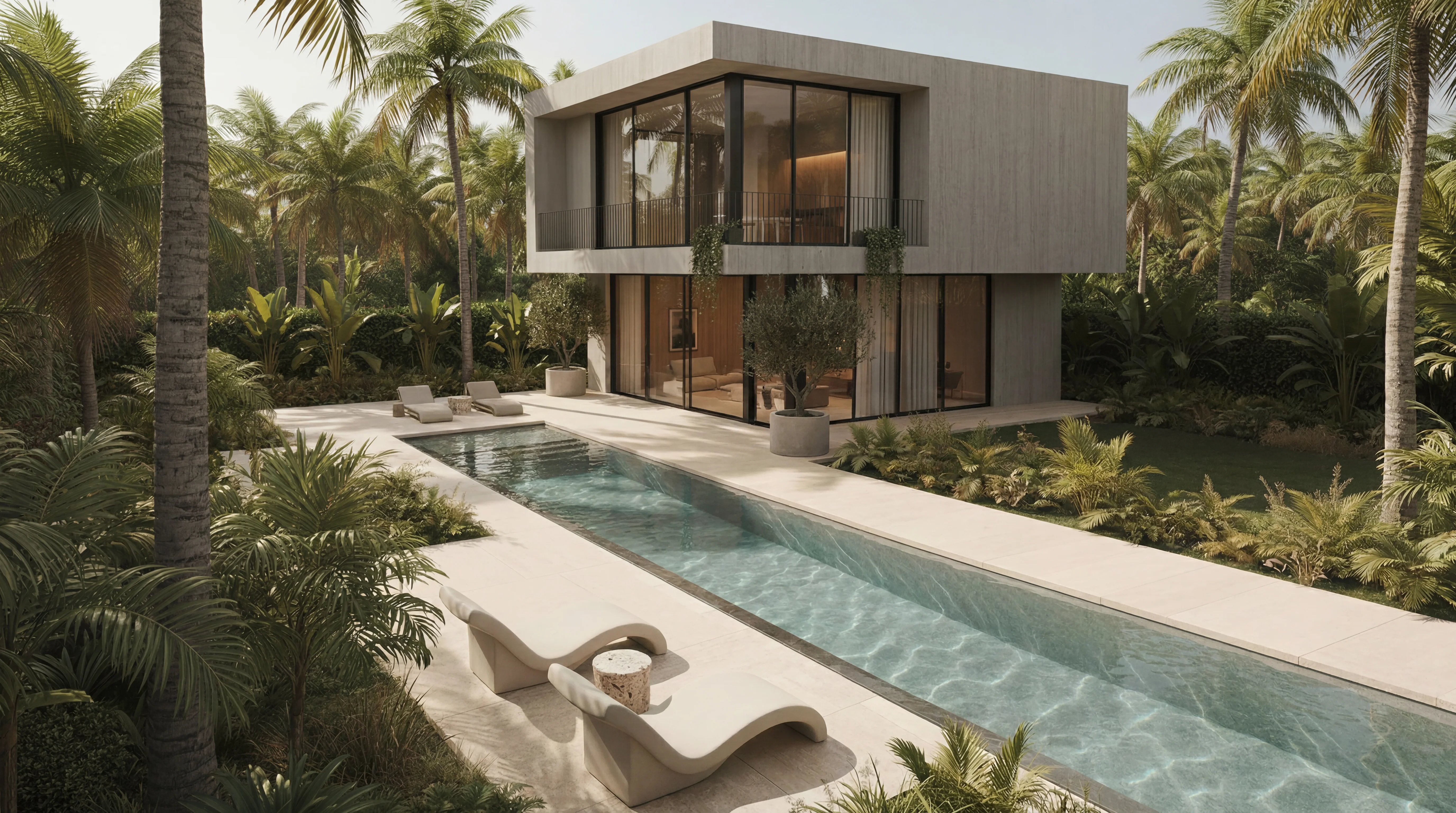 Casa moderna com piscina de borda infinita cercada por palmeiras