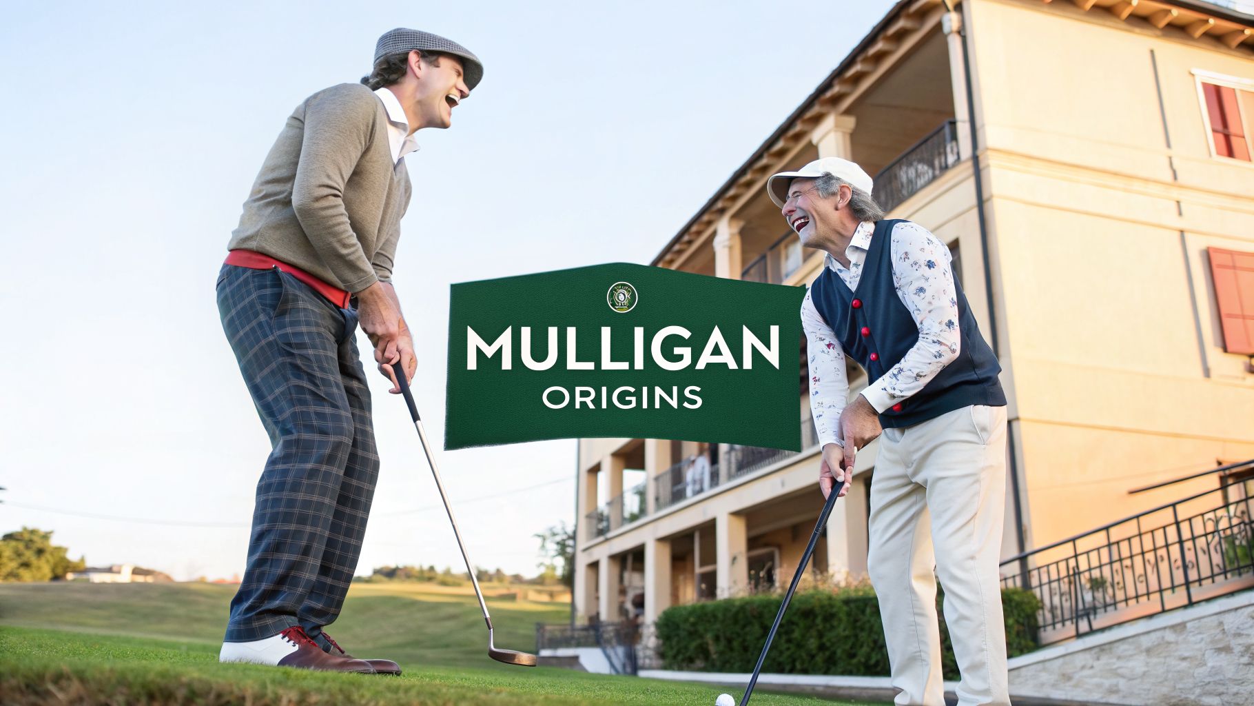 Two smiling men on a golf course, holding clubs, with a 'Mulligan Origins' sign.