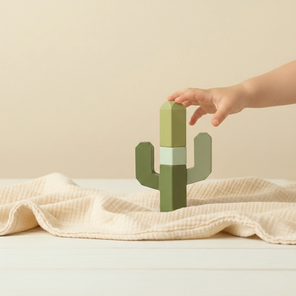 Toddler playing with a wooden cactus..