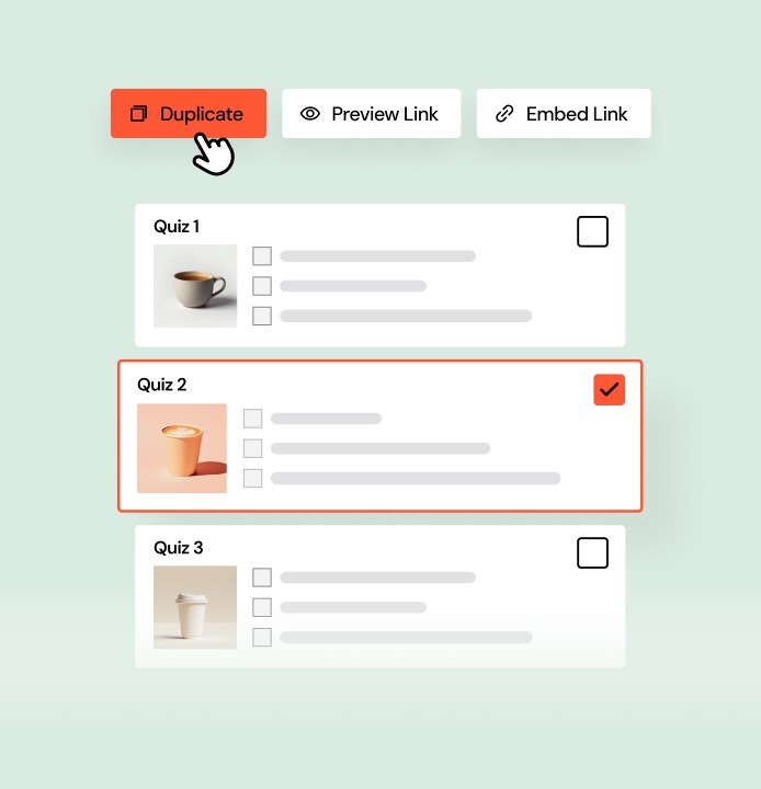 A dashboard interface showing multiple quizzes with checklists. "Quiz 1" is selected, highlighted with a red border and checkmark. Action buttons at the top include "Duplicate," "Preview Link," and "Embed Link." Other quizzes (Quiz 2 to Quiz 4) are listed but not selected.