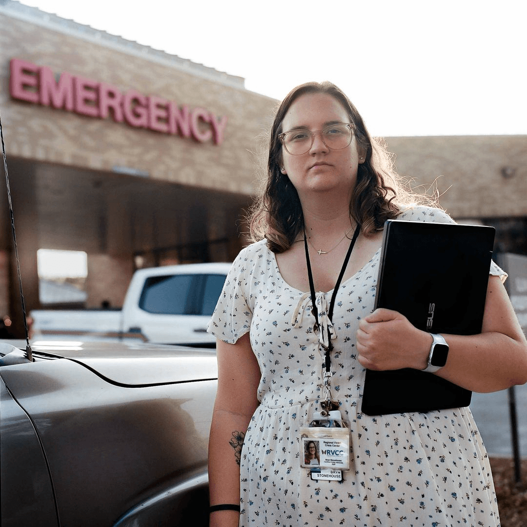 Bryn Stonehouse outside the emergency room entrance of Abilene Hendrick Medical Center. The hospital's sexual assault nurse examiners routinely call Bryn to help assess and screen patients for human trafficking.