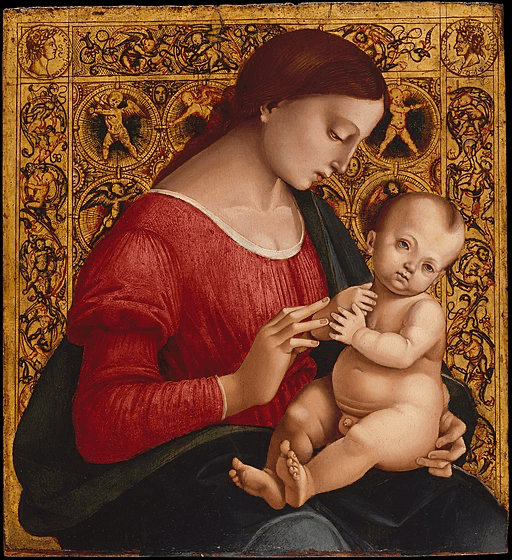A painting of a mother holding a baby, featuring rich colors and intricate background patterns.