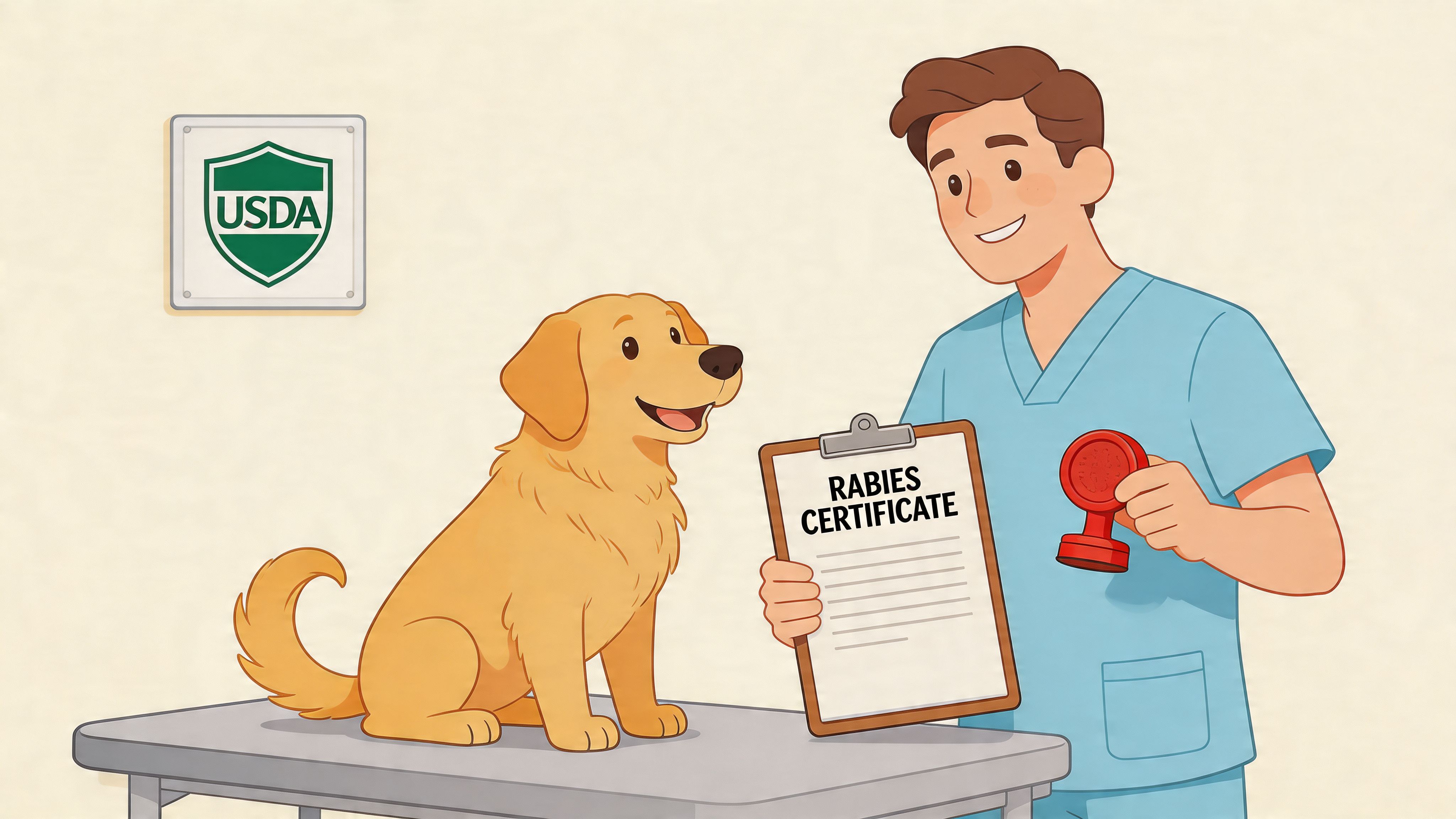 A friendly veterinarian holds a rabies certificate and a stamp next to a happy golden retriever.