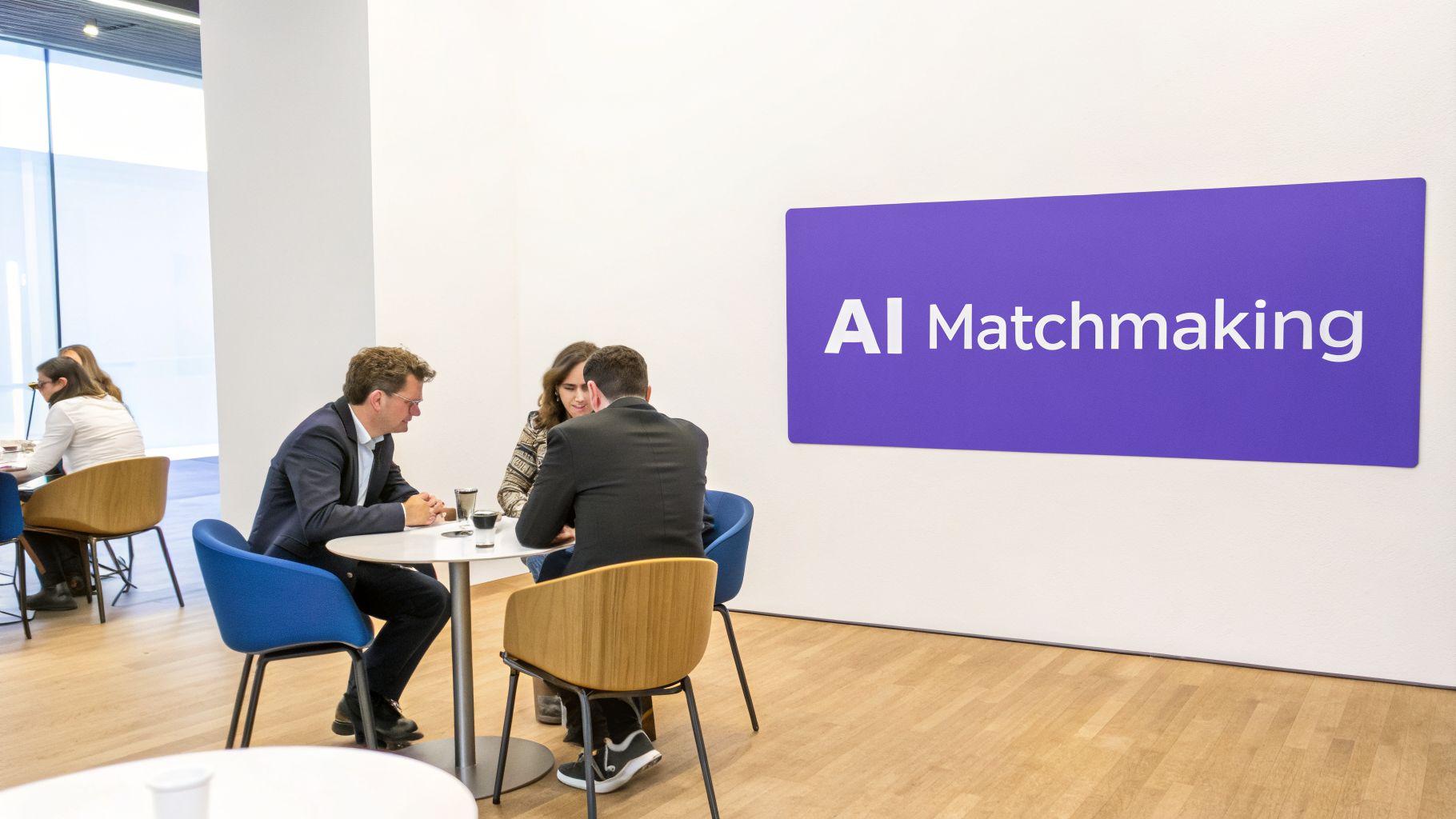 Business professionals gather at tables, networking beneath an 'AI Matchmaking' sign on a white wall.