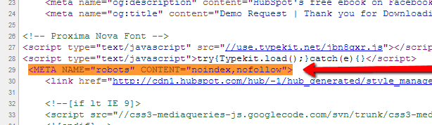 meta tag in header for noindex nofollow